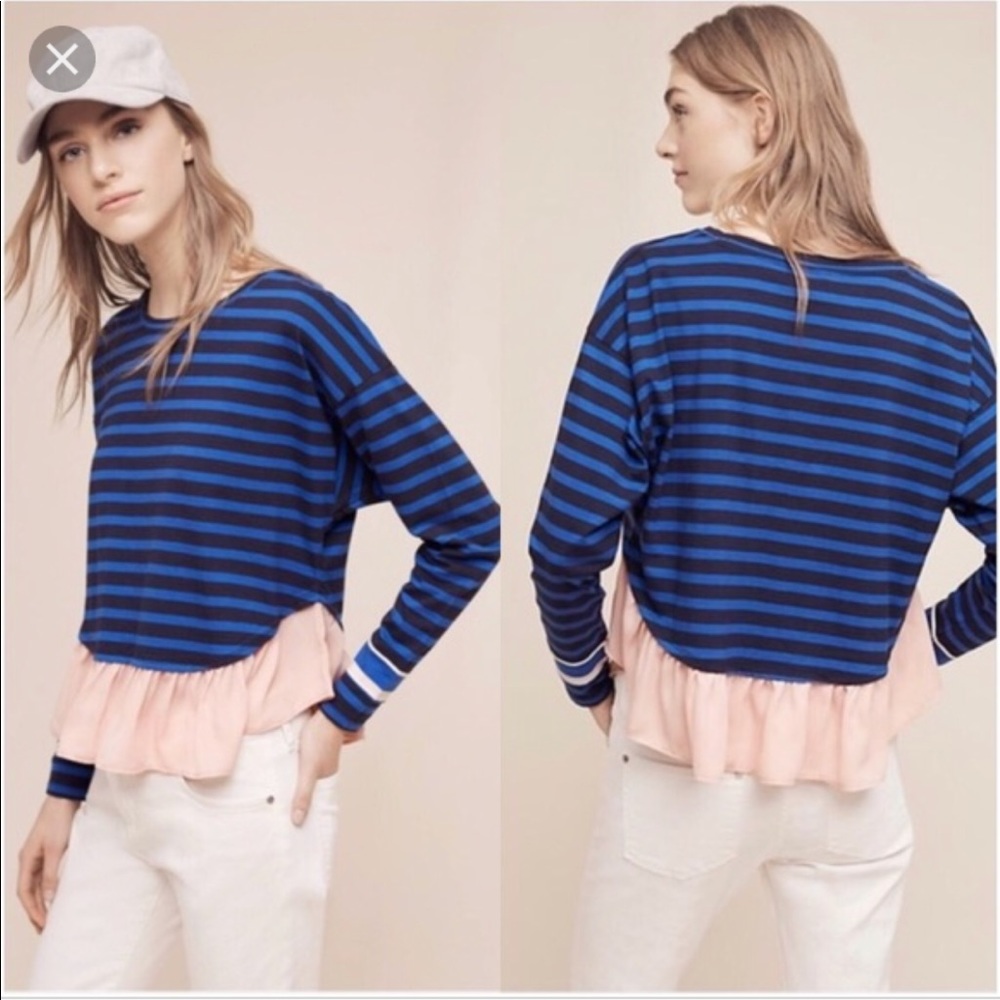Anthropologie Deletta Striped Top w/ Pink Ruffles